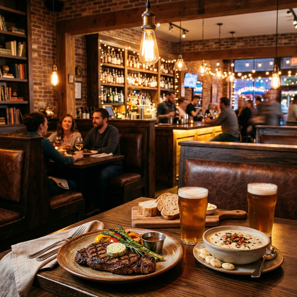 Warm American casual dining restaurant interior with beautifully plated food on the table