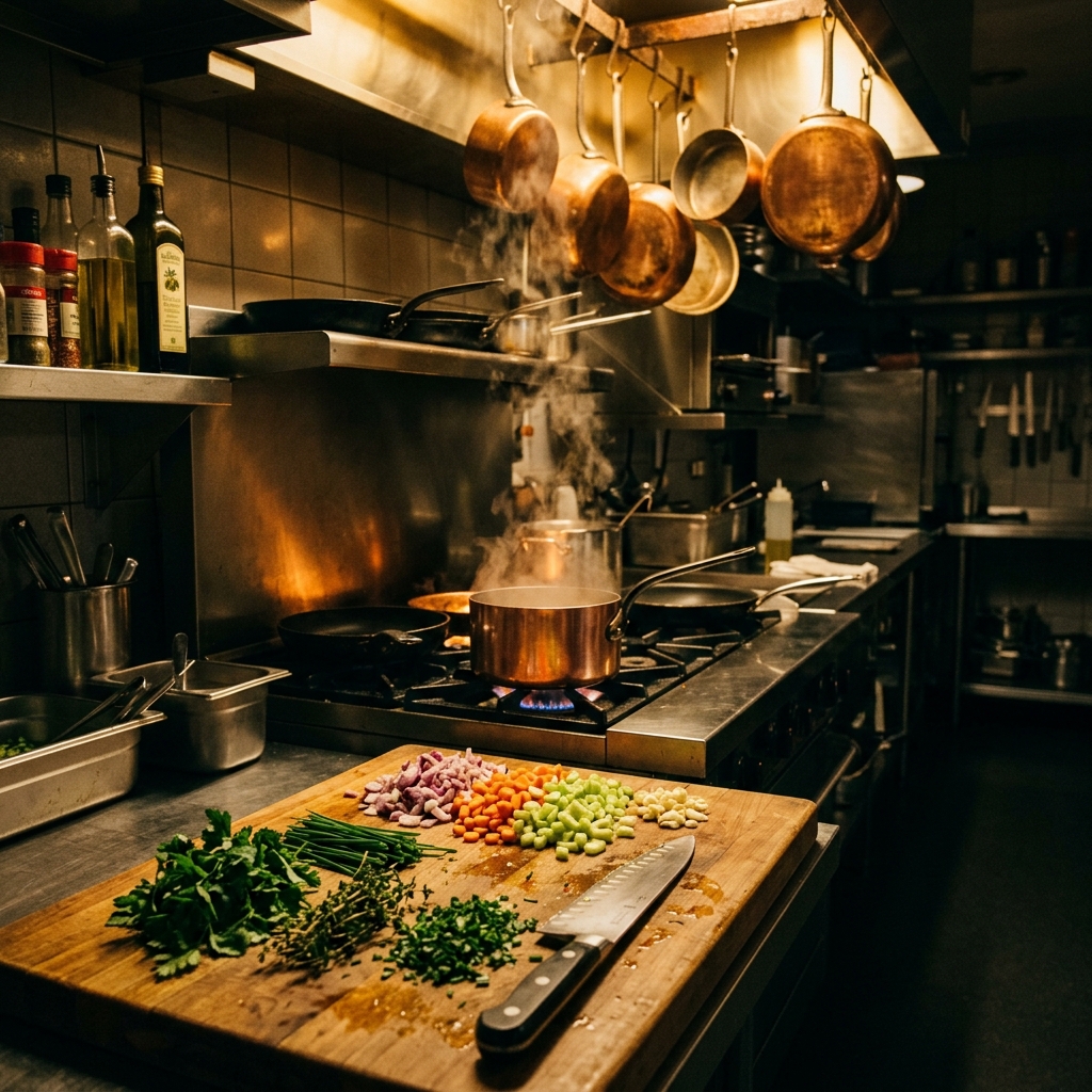 Professional kitchen with copper pots and fresh ingredients