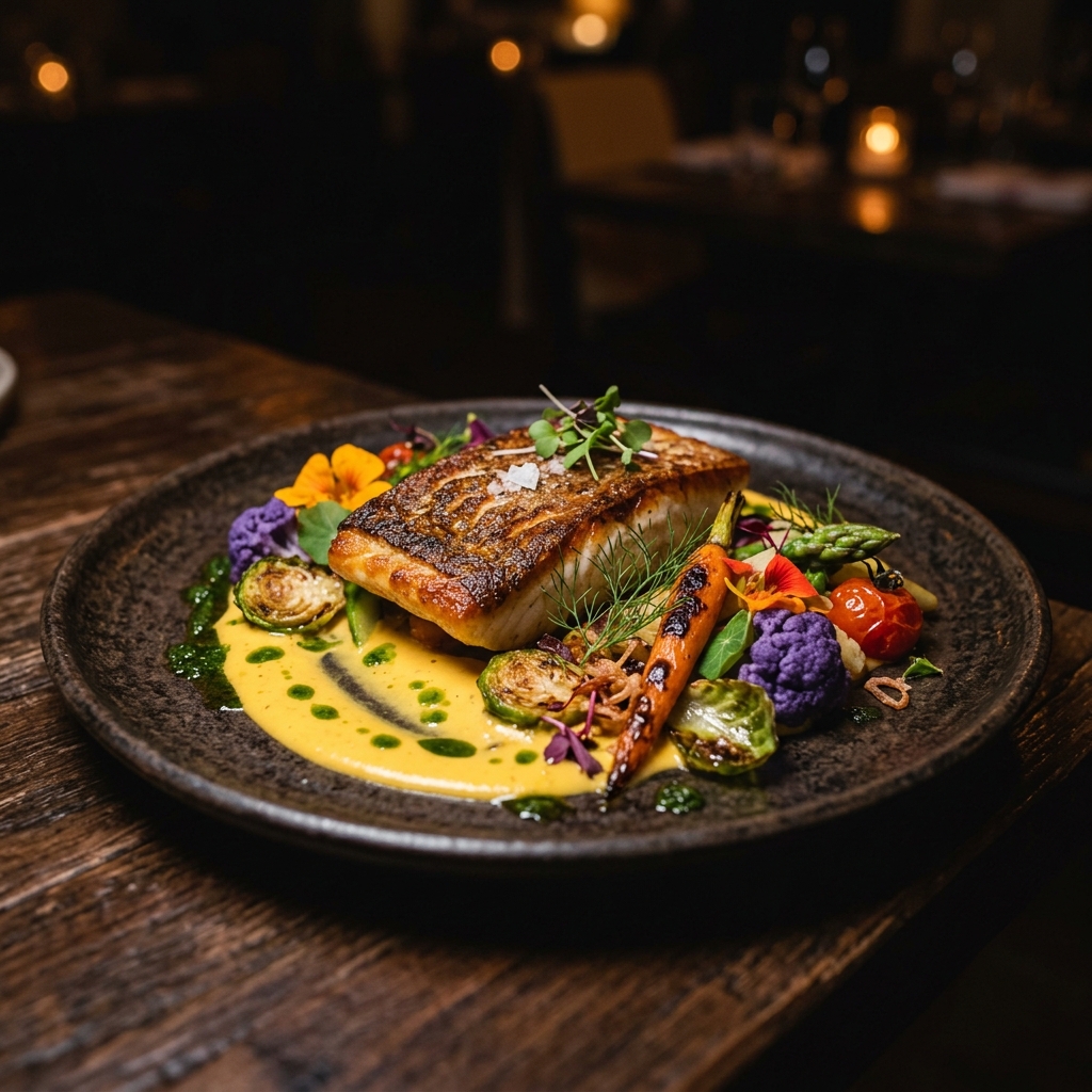 Seared fish with gourmet plating